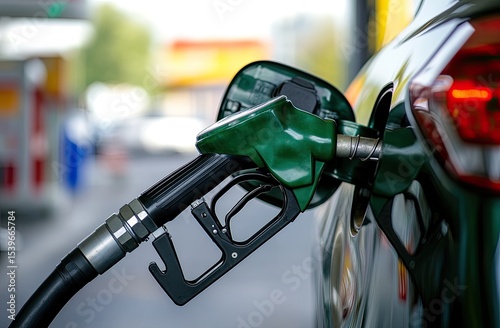 Close-up of a green gas pump nozzle filling a car's fuel tank at a gas station.  Blurred background shows a gas station