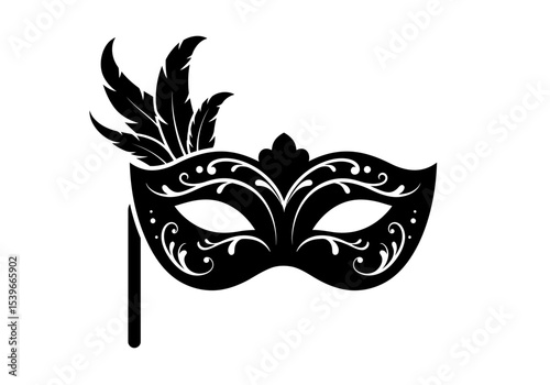 Silhouette of a black Venetian mask with white filigree feathers and a handle