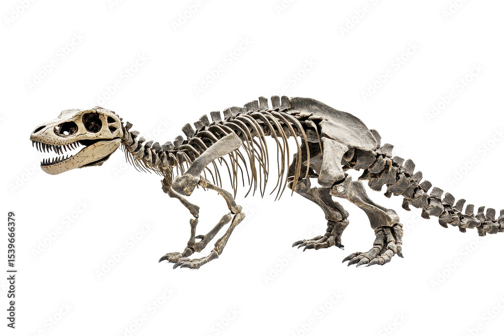 Fototapeta premium Tyrannosaurus skeleton displayed on a clean white background showcasing its impressive size and unique skeletal features, representing one of the most famous dinosaurs known to science