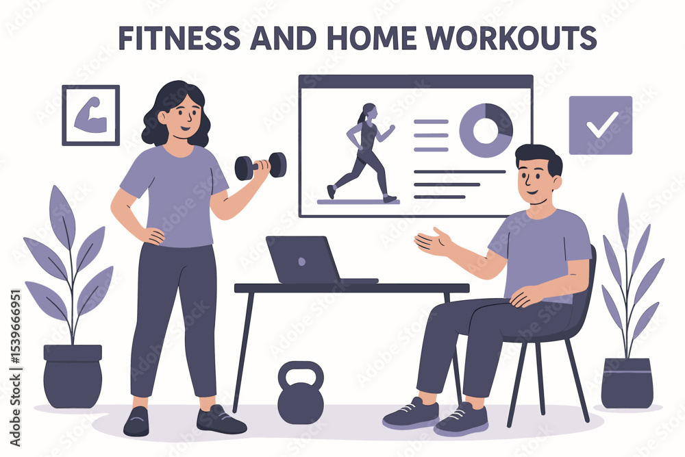 Fototapeta premium Modern Flat Style Fitness and Home Workout Vector Illustration with Man and Woman Exercising Indoors Using Dumbbells and Laptop for Healthy Lifestyle Concepts