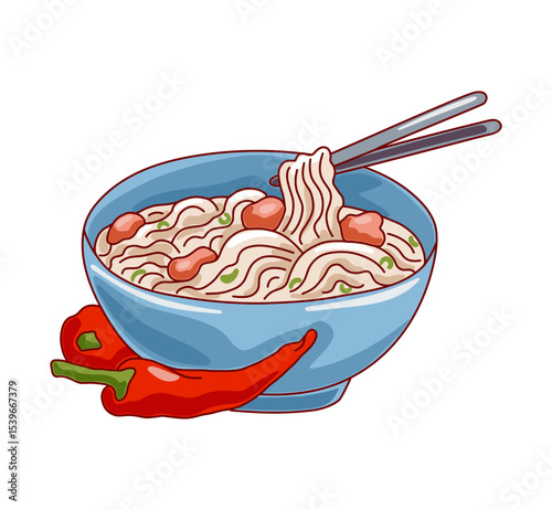 A dish with noodle soup, meat and chili pepper on white background. Asian food concept. Vector illustration.
