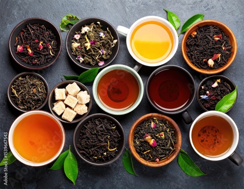 Assorted tea varieties displayed in small bowls and cups.  Various types of loose leaf teas, including black, green, and herbal, are shown.  