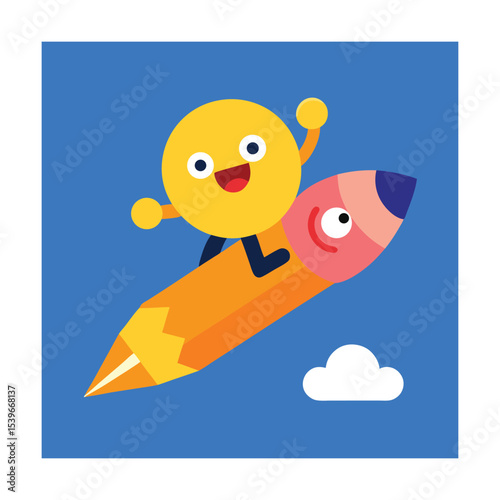 Emoticon Riding Flying Pencil