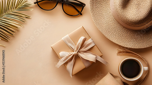 Stylish gift box with ribbon, accompanied by coffee, glasses, and hat on beige surface