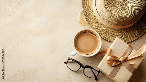Stylish gift box with ribbon, accompanied by coffee, glasses, and hat on beige surface