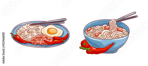 Two dishes with rice, noodle soup, meat and chili pepper on white background. Asian food concept. Vector illustration.