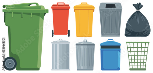 Collection of Various Trash Cans and Garbage Bags
