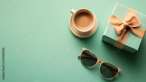 Stylish gift box wrapped with bow sitting on green surface next to cup of coffee and sunglasses