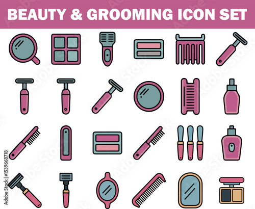 Beauty and Grooming Icon Set  Hair Care, Makeup, Tools & Accessories Vector Collection