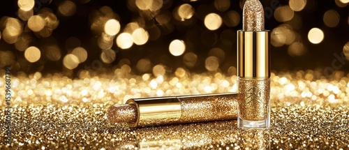 Gold glitter lipstick tubes on shimmering bokeh backdrop