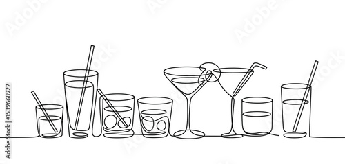 Continuous Line Drawing of Various Alcoholic Drinks and Cocktails