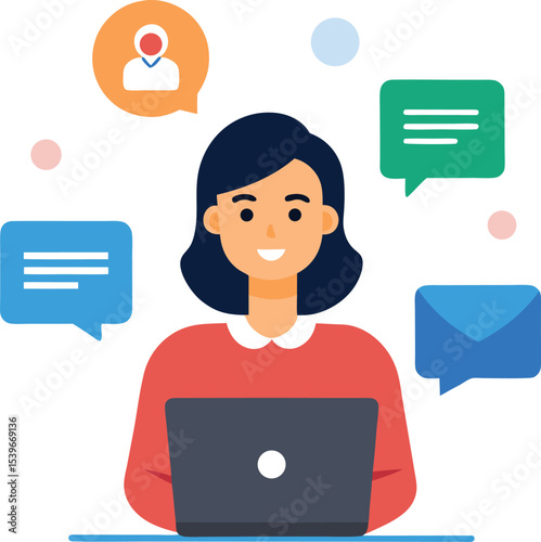 Virtual Assistant Woman Replying To Messages With Laptop