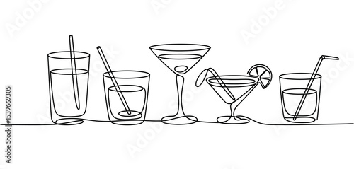 Continuous Line Drawing of Four Refreshing Cocktails