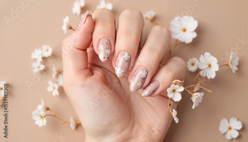 Nail art design with floral patterns on elegant hand against beige background