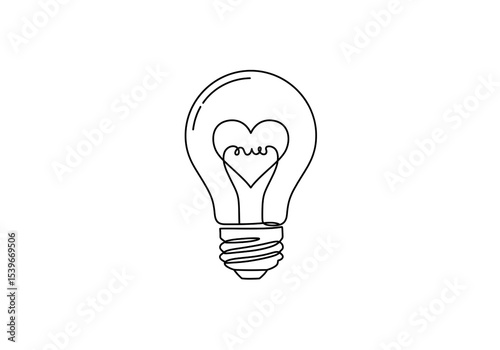 A continuous line drawing of a lightbulb with a heart shaped filament on a white background art