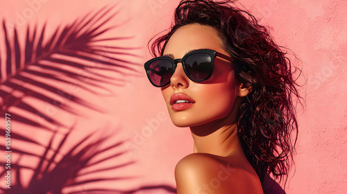 Stylish woman wearing dark sunglasses in front of a pink vertical wall, palm shadows