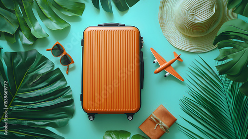 Summer getaway concept. Top view of an orange suitcase, small airplane figurine, beach essentials