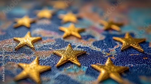 Gold stars scatter across a blurred blue-toned map