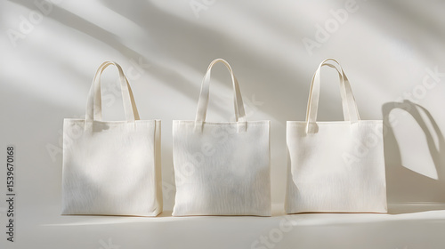 Three white tote bags presented in a minimalistic style on a light background for branding