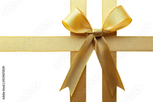 Beautiful golden ribbon bow over a pristine white background, perfect for gift wrapping and special occasions like birthdays or holidays enhancing the presentation of any present