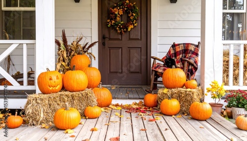 Autumnal porch decorated with pumpkins and fall foliage