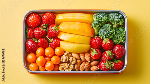 Top vertical view of a healthy school snack in a lunchbox with fruits, vegetables, and nuts