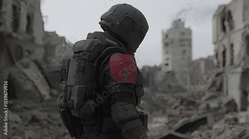Heavily armored futuristic soldier standing in the ruins of a fallen city cinematic sci fi warfare