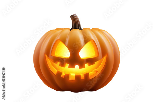 Carved pumpkin with glowing expression isolated on a white background, perfect for Halloween decorations and autumn festivities photo