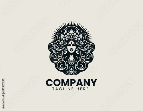 Gothic unholy priestess with occult symbols and haunting expression in detailed vector logo artwork