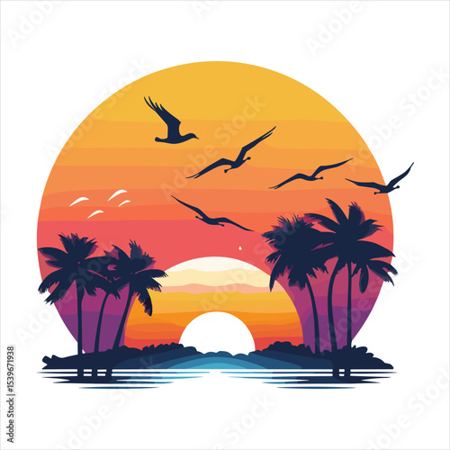 tropical island with palm trees and sun, palm, beach, tree, tropical, sea, summer, island, vector, sun, ocean, illustration, sky, sunset, landscape, nature, travel, water, sand, silhouette, vacation, 