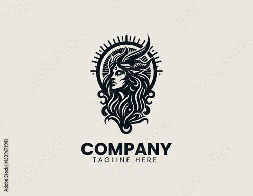 A sinister unholy woman with demonic features and dark aura in an occult-inspired vector logo design