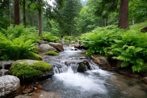 Pure mountain stream flowing through green forest