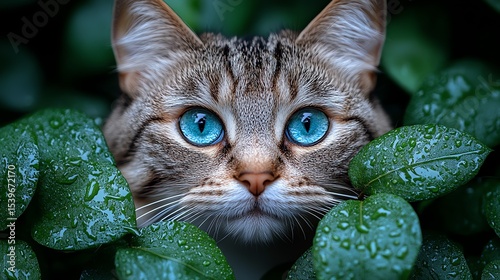 Close-up: A photorealistic orange cat with intense blue eyes, its face partially visible amidst a dense wall of wet, bright green jungle leaves.