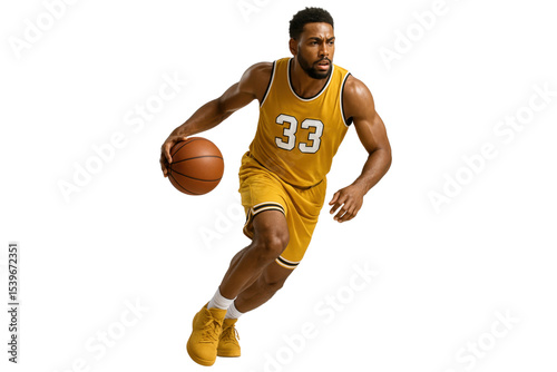 Basketball Player Dribbling: Dynamic basketball player in yellow jersey with number 33 dribbling the ball, showcasing athleticism and skill. 