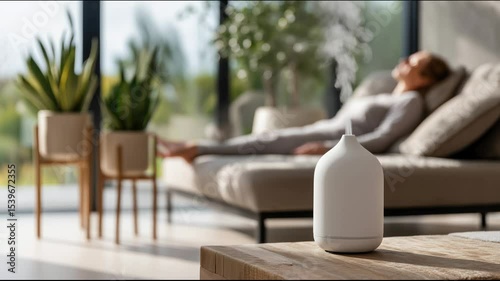 Aromatherapy diffuser emitting mist in a modern living room with a relaxed individual on a sofa, surrounded by greenery, creating a tranquil and calming atmosphere for wellness