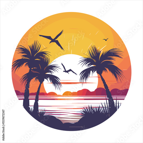 tropical island with palm trees and sun, palm, beach, tree, tropical, sea, summer, island, vector, sun, ocean, illustration, sky, sunset, landscape, nature, travel, water, sand, silhouette, vacation, 