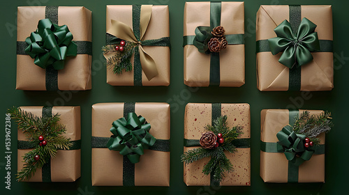 Top view of beautifully wrapped Christmas presents with green bows and festive