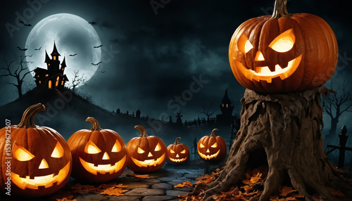 A group of carved pumpkins with glowing faces, set in a spooky forest with a full moon and haunted house backdrop. AI generated.
