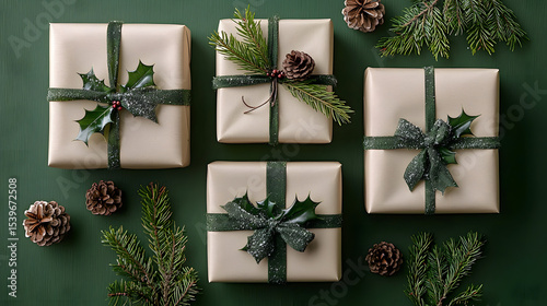 Top view of beautifully wrapped Christmas presents with green bows and festive