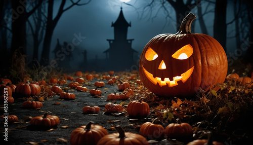 A group of carved pumpkins with glowing faces, set in a spooky forest with a full moon and haunted house backdrop. AI generated.
