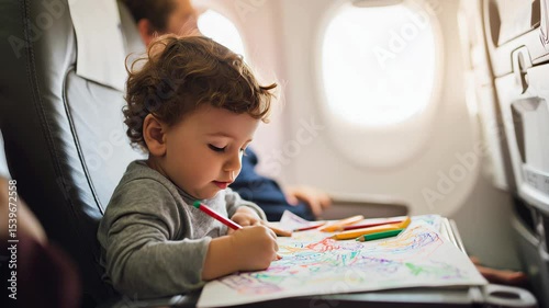 Young child happily coloring with crayons on an airplane seat, surrounded by travel companions, showcasing creativity and joy during a flight experience