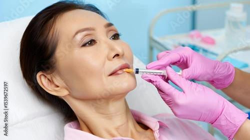 Asian woman receiving cosmetic treatment in a clinical setting, with a professional applying a syringe to enhance facial features, showcasing beauty and self-care