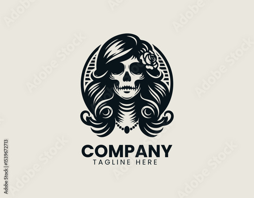 A vintage-inspired lady skull with decorative elements and soft shading in a sophisticated vector logo design