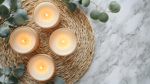 Top view photo of candles on rattan serving mat and eucalyptus on white marble background