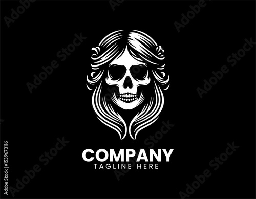 An elegant lady skull head with floral crown and intricate details in a gothic vector logo illustration