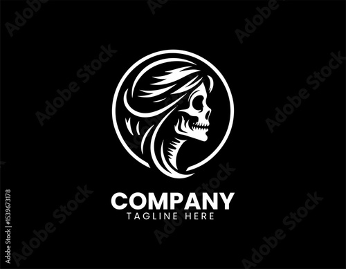An elegant lady skull head with floral crown and intricate details in a gothic vector logo illustration