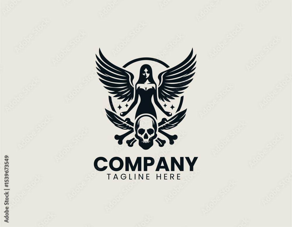 Obraz premium Mythological winged woman with skull-faced visage in an ornate gothic vector logo illustration
