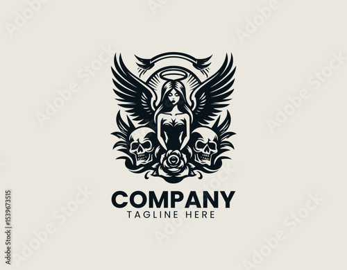 Geometric winged female silhouette with integrated skull elements for a modern vector logo identity