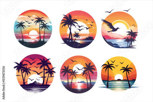 tropical beach with palm tree, palm, beach, sea, tree, island, tropical, sun, summer, ocean, vector, illustration, sunset, water, nature, travel, landscape, sky, vacation, silhouette, design, sand, pa