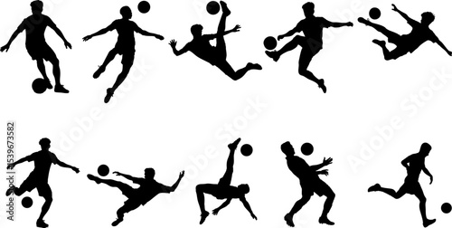 Set of vector silhouettes showing soccer players in various dynamic action poses. Ideal for sports designs, branding, advertising, infographics, and athletic-themed creative projects.